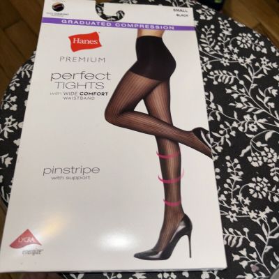 Hanes Premium Perfect Tights Pinstripe W/wide Comfort Band Black Small